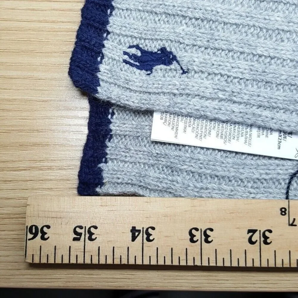 POLO RALPH LAUREN Mens Scarf Gray Ribbed Stripe Hem Wool Blend Pony Logo 9x70